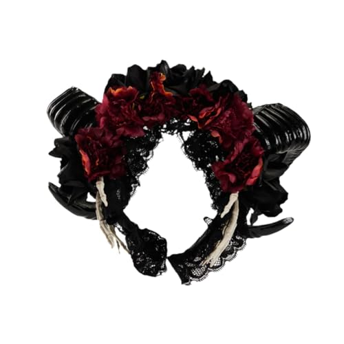 perfeclan Stirnband aus Schafshorn, neu gestylter Haarreif mit Totenkopf-Hand, Kopfbedeckung mit Spitzenblumenmuster, Foto-Requisiten zum Anziehen, Kostümieren, von Perfeclan