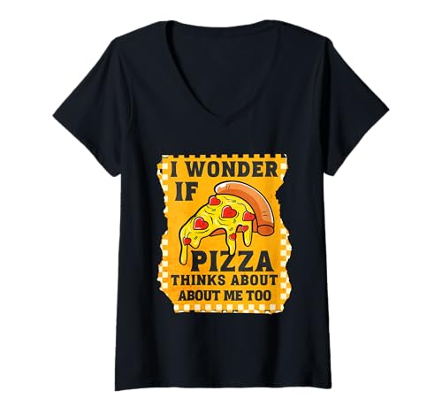 Damen Ich Frage Mich, ob Pizza auch an Mich Denkt Pepperoni Pizza Heart T-Shirt mit V-Ausschnitt von Perfect Pizza Gifts Co
