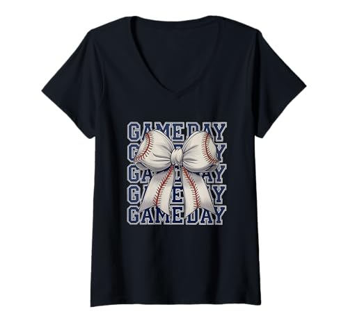 Damen Game Day Baseball Bow Sportfans T-Shirt mit V-Ausschnitt Damen Game Day Baseball Bow Sportfans T-Shirt mit V-Ausschnitt von Perfect Sports Outfit Spor Fan Outfit Team Support