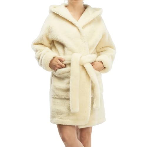 Perfect Wool - Bademantel Damen Merino Wolle - Morgenmantel Kuschelig Weich und Warm - mit Kapuze, Gürtel, Taschen, Knielang - Hautfreundliche Merinowolle - Beige - Größe XL von Perfect Wool