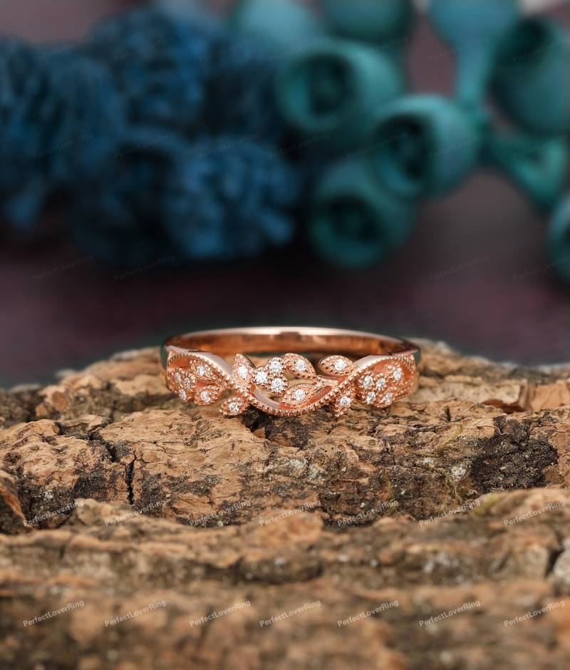 Ehering/0.05Ctw Rundschliff Moissanite Verlobungsring Art Deco Ring Antik Floral Blatt Design Stack 14K Gold von PerfectLoverRing