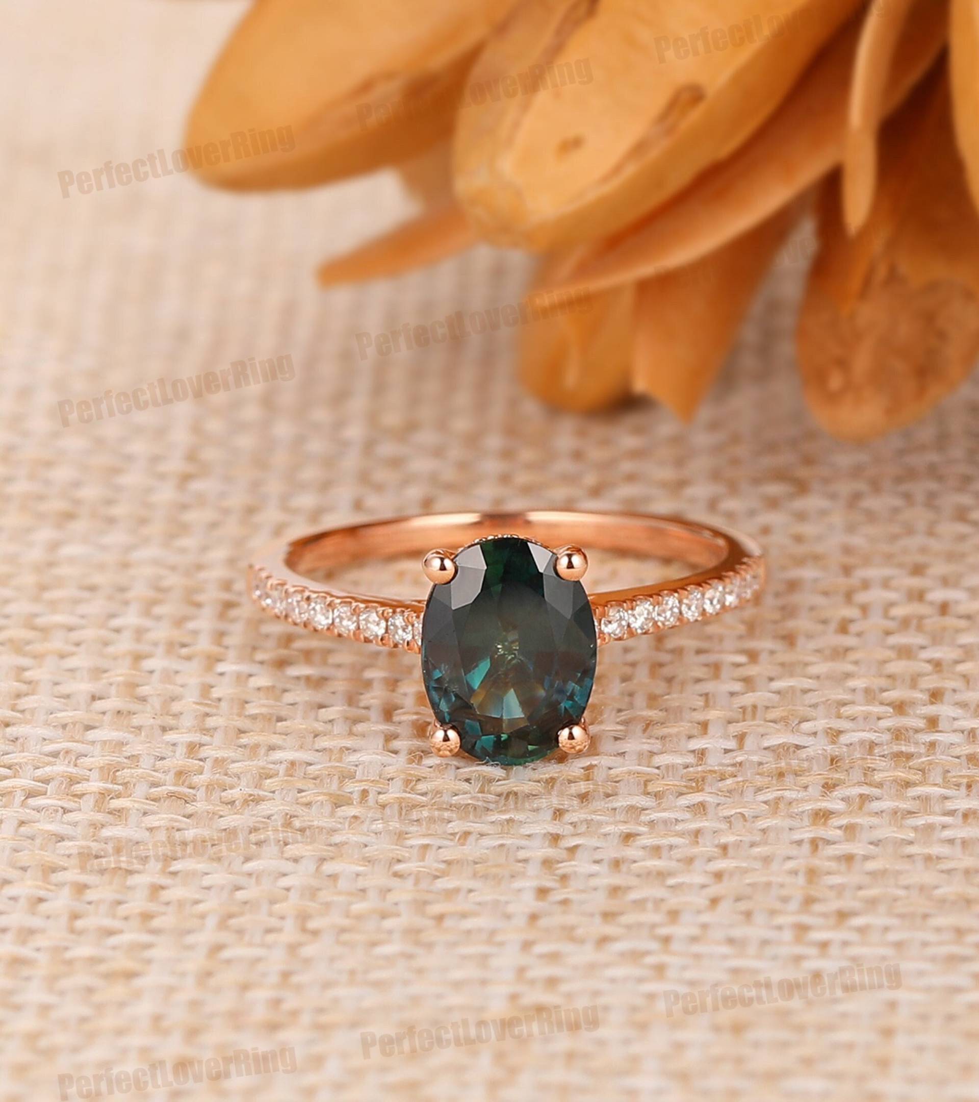 Geburtsstein Ring/6x8mm Oval Cut Natürlicher Teal Saphir Verlobungsring Halb Eternity Ehering Für Frauen Solider Rose Gold von PerfectLoverRing