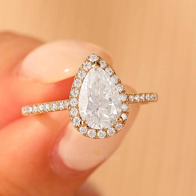 Wassertropfen Form/6.0x9.0 Mm Moissanit Im Tropfenschliff Verlobung Hochzeit Versprechen Ring 3 Zinken Halbe Ewigkeit Halo Antik 14K Gold von PerfectLoverRing