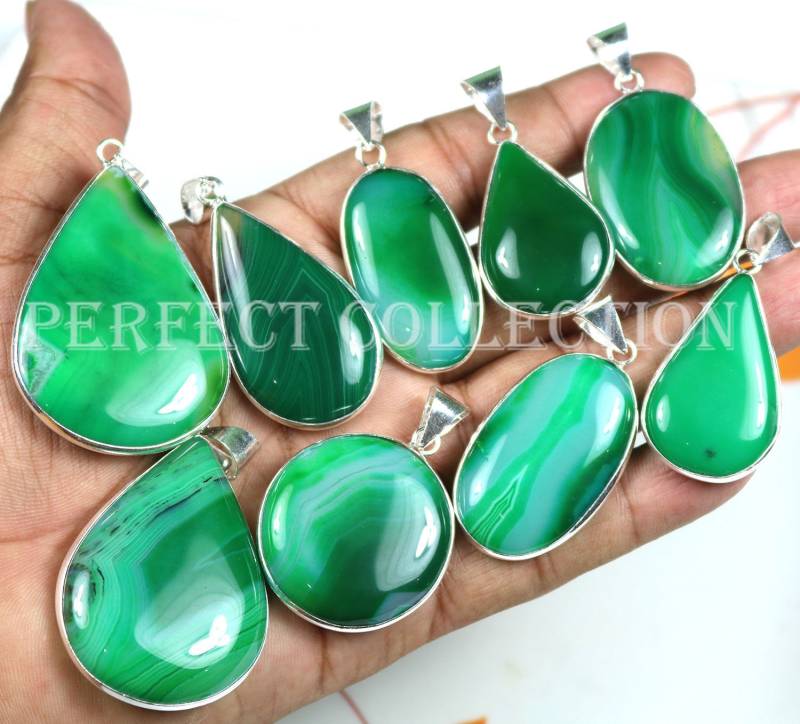 Grün-Gebänderter Achat-Anhänger 925 Sterlingsilber-Einfassung, Natürlicher Edelstein von PerfectcollectionIN