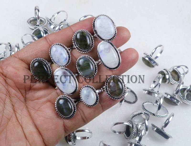 Natürlicher Regenbogen Mondstein & Labradorit Edelstein Silber Überzogene Ring Schmuck Größe 6 Bis 9 von PerfectcollectionIN