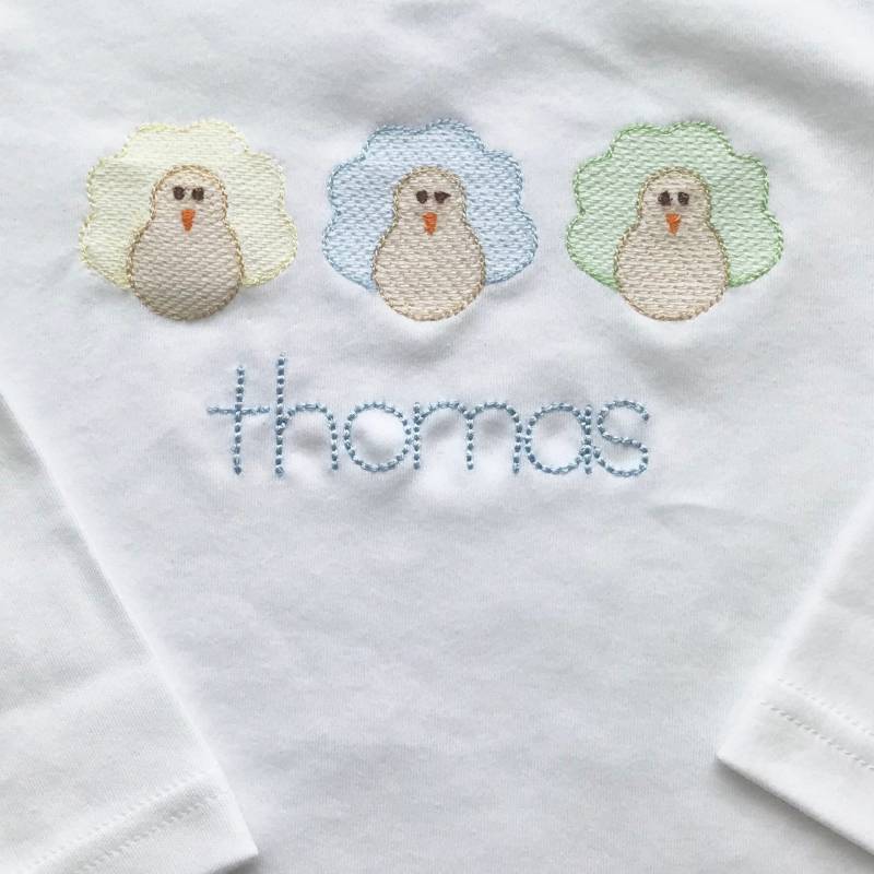 Thanksgiving Turkey Trio Junge Shirt - Personalisiert Blau Gelb Grün Stich Kinder Herbst Outfit Monogrammed Boy Es von PerfectlyPlayfulShop