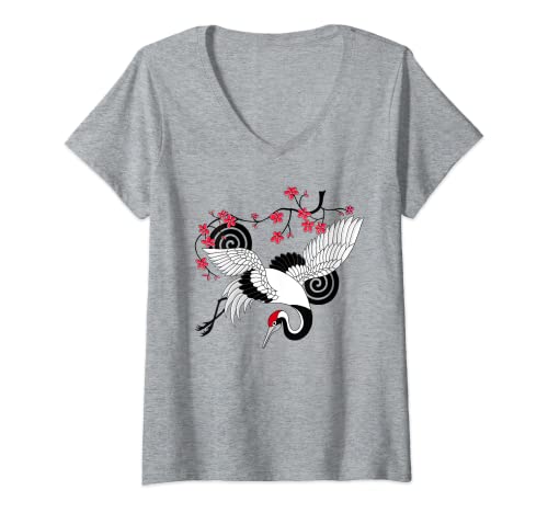 Damen Kranich mit Kirschblüten Vogel Japanische Kunst Kranich T-Shirt mit V-Ausschnitt von Perfekte Geschenkidee für Kranich Liebhaber