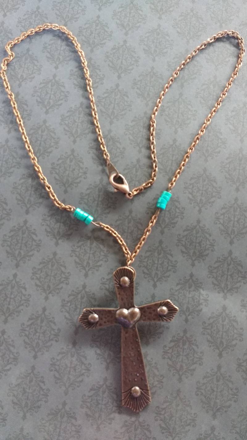 Kupfer Kreuz Kette Türkis Perlen Herz Anhänger von PerfyctlyImperfect