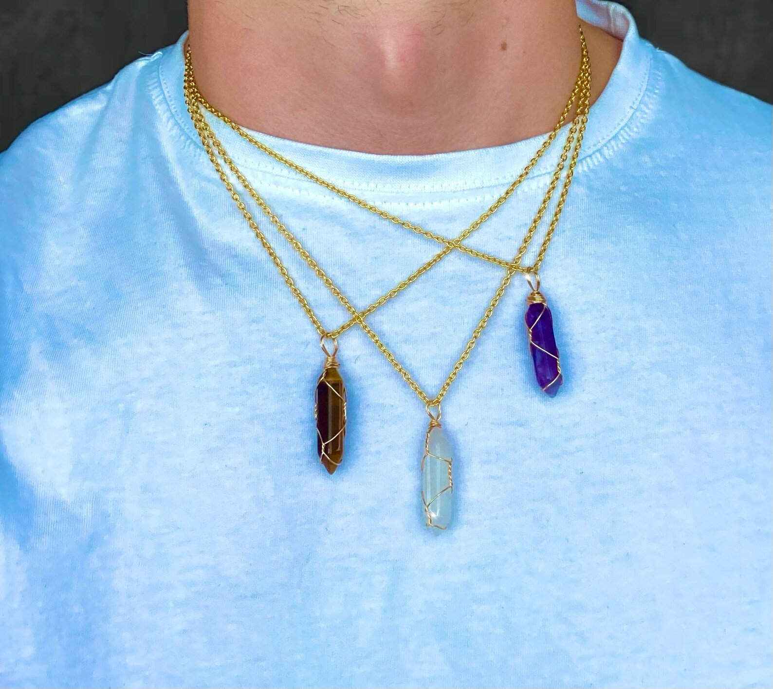 Goldene Kristallkette Mit Draht, Naturstein, Heilstein, Achat Anhänger, Geburtsstein, Glücksbringer, Bergkristall, Amethyst, Unisex von PericeShop