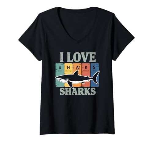 Damen Haifischliebhaber Periodensystem Wissenschaft Chemie Witz T-Shirt mit V-Ausschnitt von Periodic Table Funny Science Pun Shark Lovers