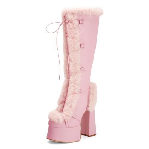 Perisis Damen High Chunky Heel Plateau Kniehohe Stiefel Mode Leder Schnürabsatz Lange Stiefel Weite Wade, Pelzrosa, 40 EU von Perisis