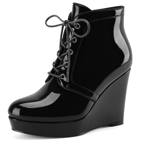 Perisis Damen Keilstiefel Plateau Knöchel Kurze Booties Schwarz Schnürung Runde Zehen Bequeme Schuhe, Schwarz, 37.5 EU von Perisis