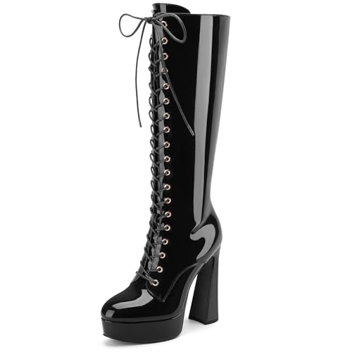 Perisis Damen Schnürstiefel, kniehoch, Plateau, klobig, hoher Absatz, abgerundete Zehen, modisch, Lackleder, lange Stiefel mit Reißverschluss, Schwarz, 37.5 EU Perisis Damen Schnürstiefel, kniehoch, Plateau, klobig, hoher Absatz, abgerundete Zehen, modisch, Lackleder, lange Stiefel mit Reißverschluss, Schwarz, 37.5 EU von Perisis