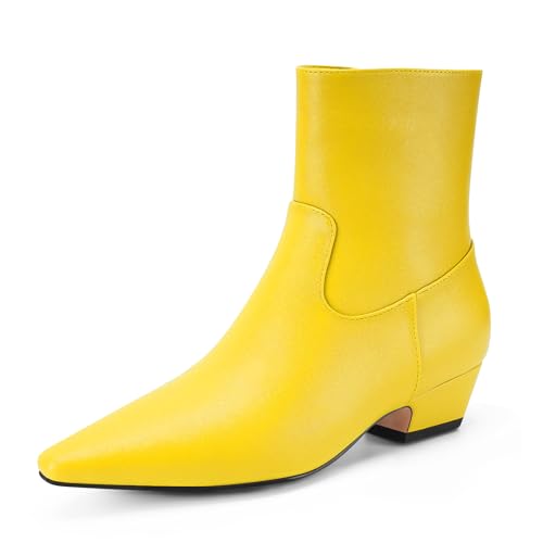 Perisis Damen-Stiefeletten, spitzer Zehenbereich, klobig, niedriger Absatz, kurze Booties, bequem, Freizeitschuhe mit seitlichem Reißverschluss, Gelber PU, 43 EU von Perisis