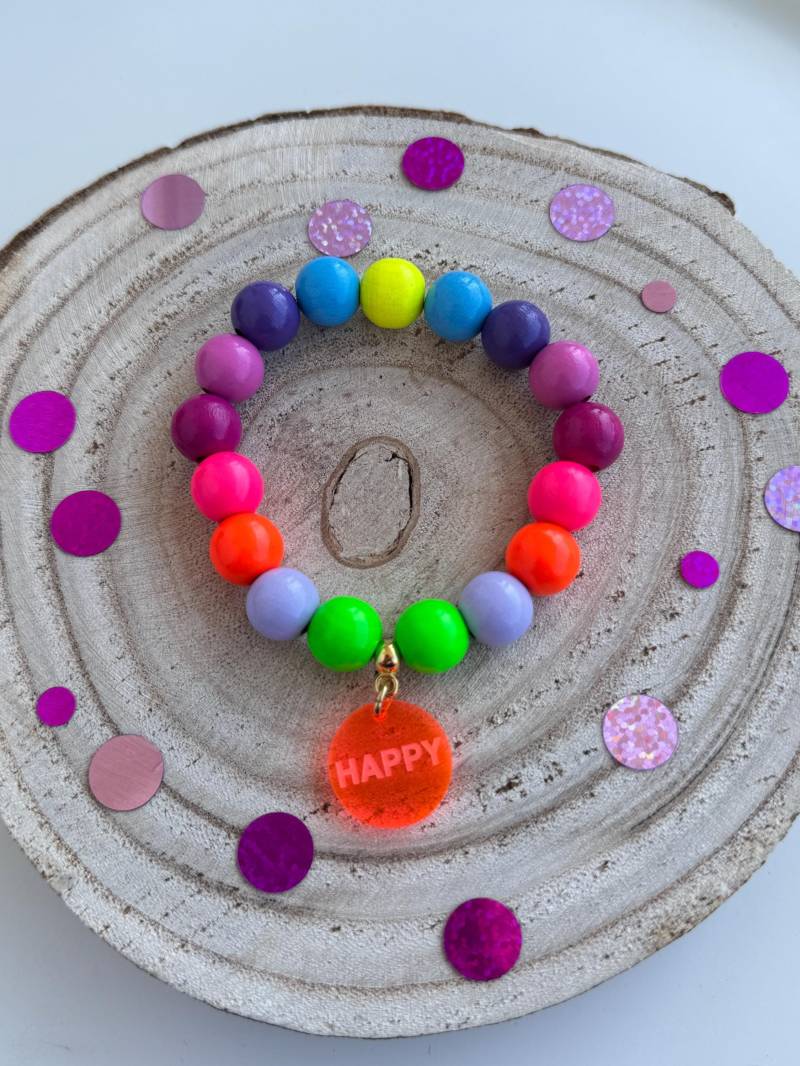 Armband Neon Acryl Holz Perlenarmband Boho Pink Holzperlen von PerlaHandgemacht