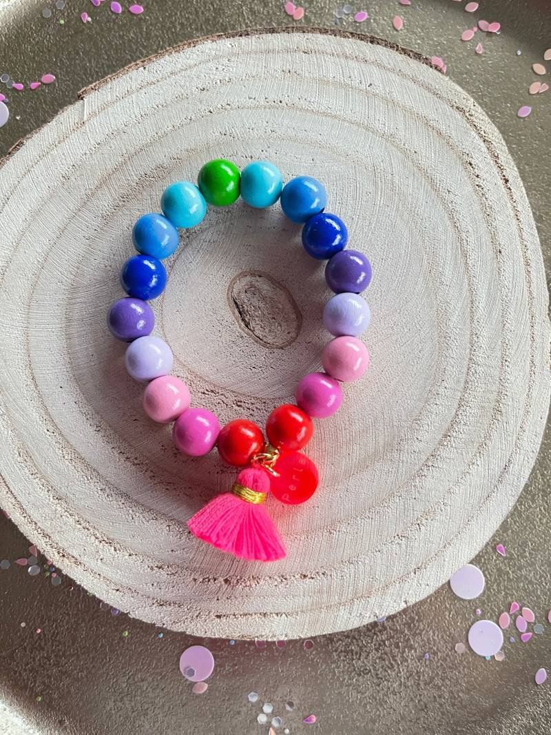 Armband Holz Perlenarmband Tassel Boho Pink Holzperlen Quaste Neon Regenbogen Handmade von PerlaHandgemacht
