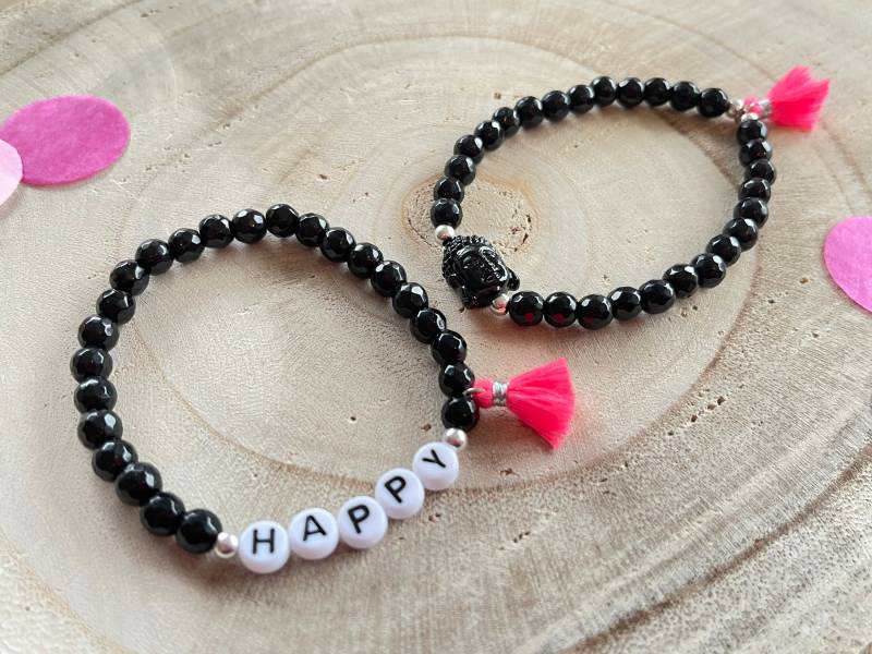 Armband Lettering Buddha Tassel Quaste Perlenarmband Pink von PerlaHandgemacht