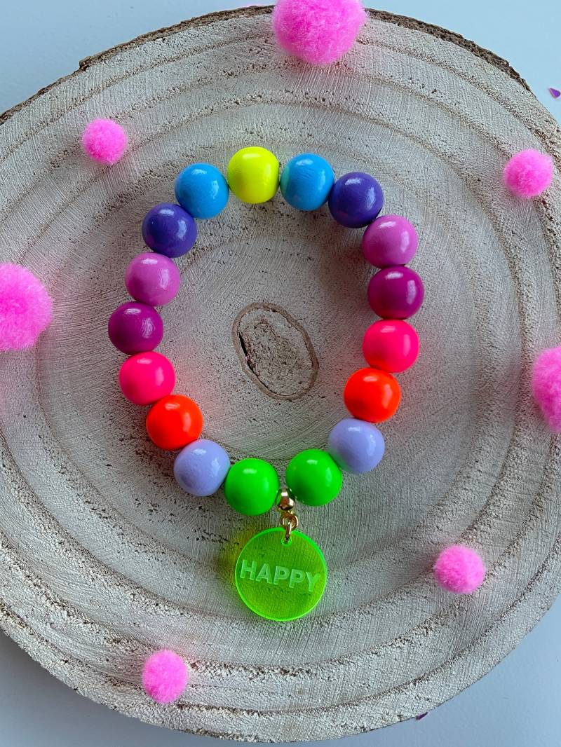 Armband Neon Holz Perlenarmband Tassel Boho Pink Holzperlen von PerlaHandgemacht