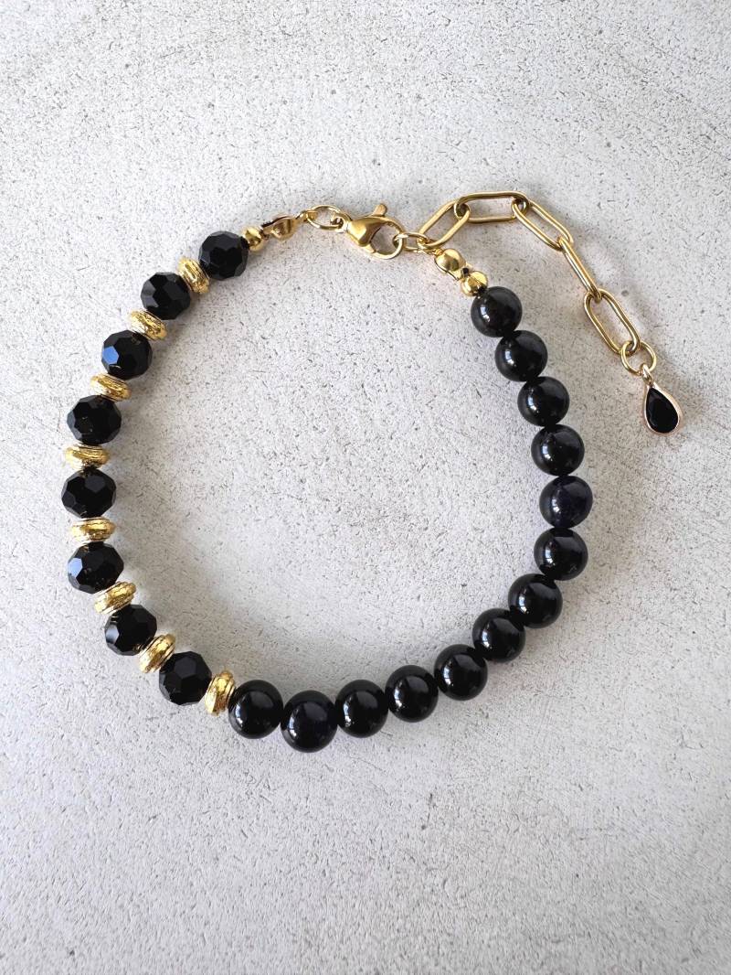 Armband Midnight Glam | Perlenarmband Schwarz Gold Onyx Facettperlen Unikat Schmuck Elegant Vergoldet Geschenkidee Handmade von Perlengeschichten