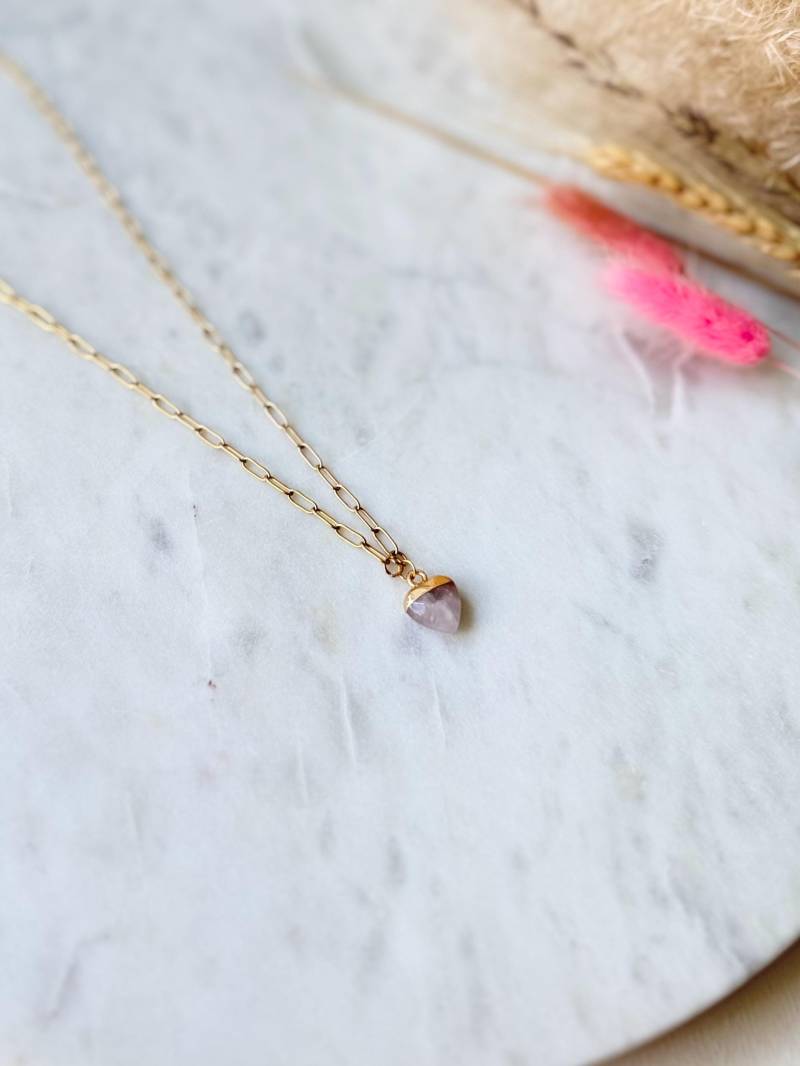 Vergoldete Edelstahlkette Rosenquarz Handgefertigt Herz - Edelstein Schmuck Damen von Perlenkreis