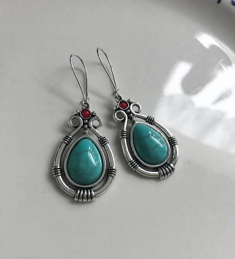 Elegante Tropfen Ohrringe Silber Türkis Rot von Perlenlagune