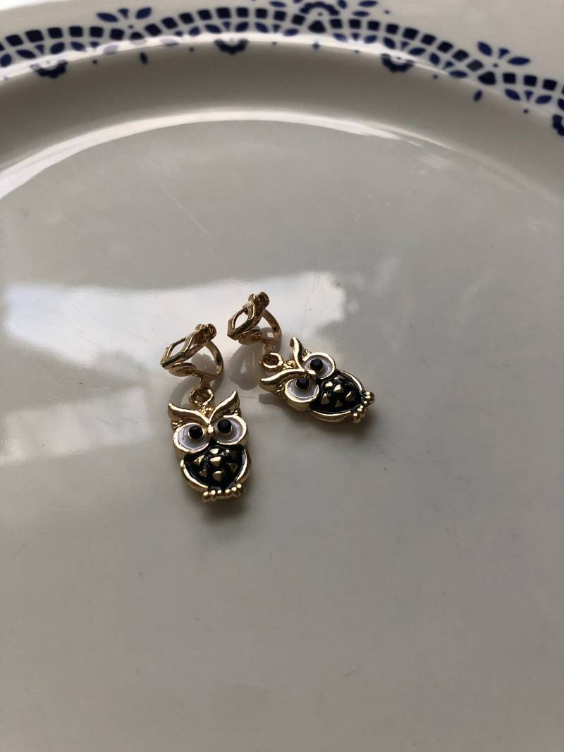 Eulen Ohrclips Champagnegold Schwarz von Perlenlagune