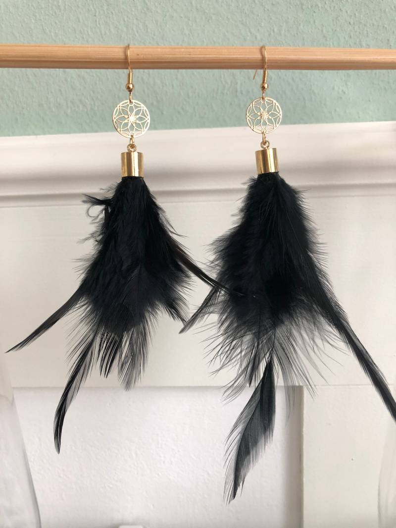 Feder Ohrringe in Schwarz Champagnegold von Perlenlagune