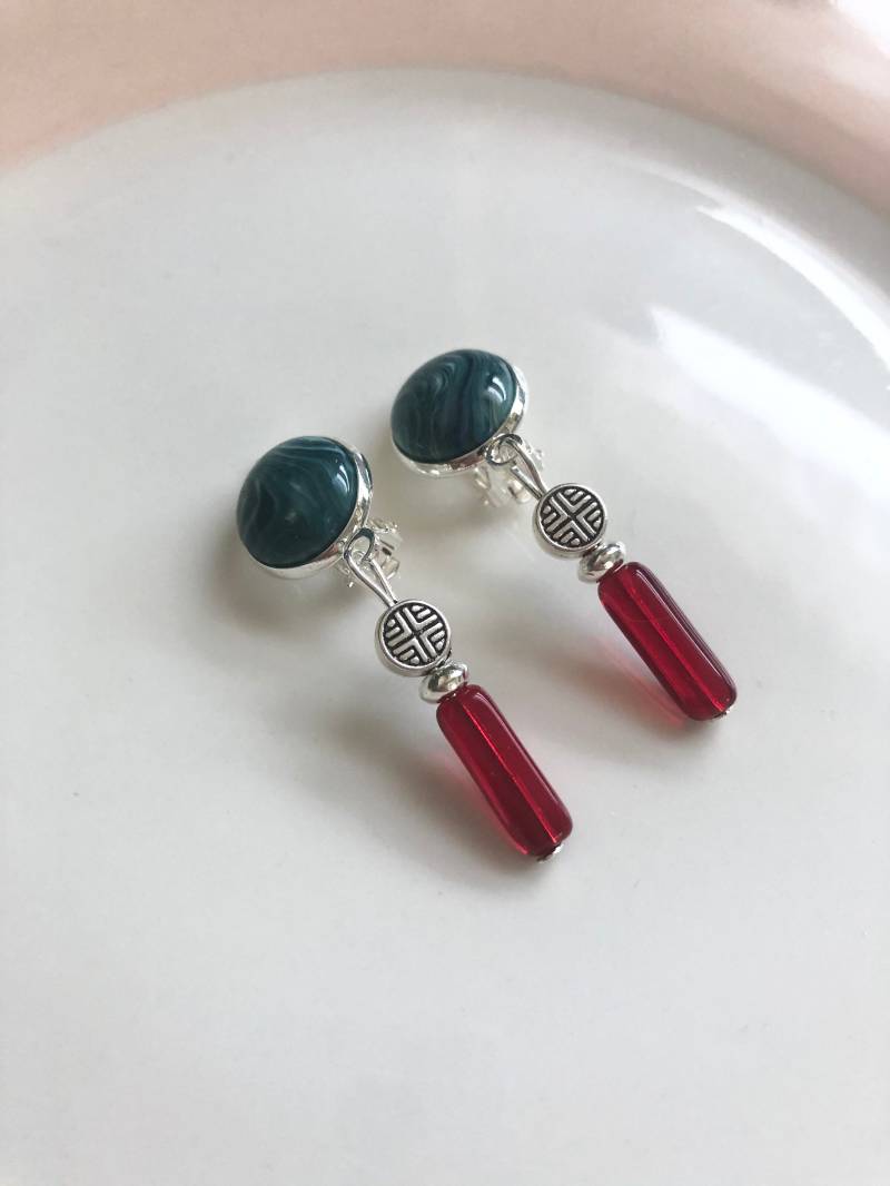 Interessante Ohrclips Silber Petrol Rot von Perlenlagune