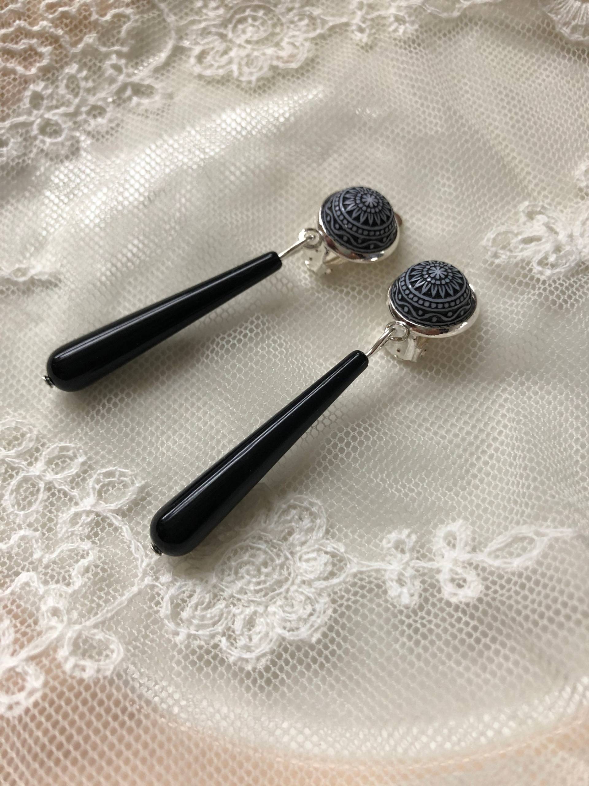 Lange Ohrclips Silber Schwarz von Perlenlagune