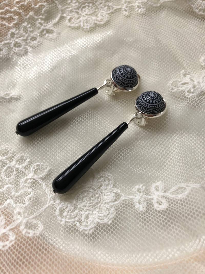 Lange Ohrclips Silber Schwarz von Perlenlagune