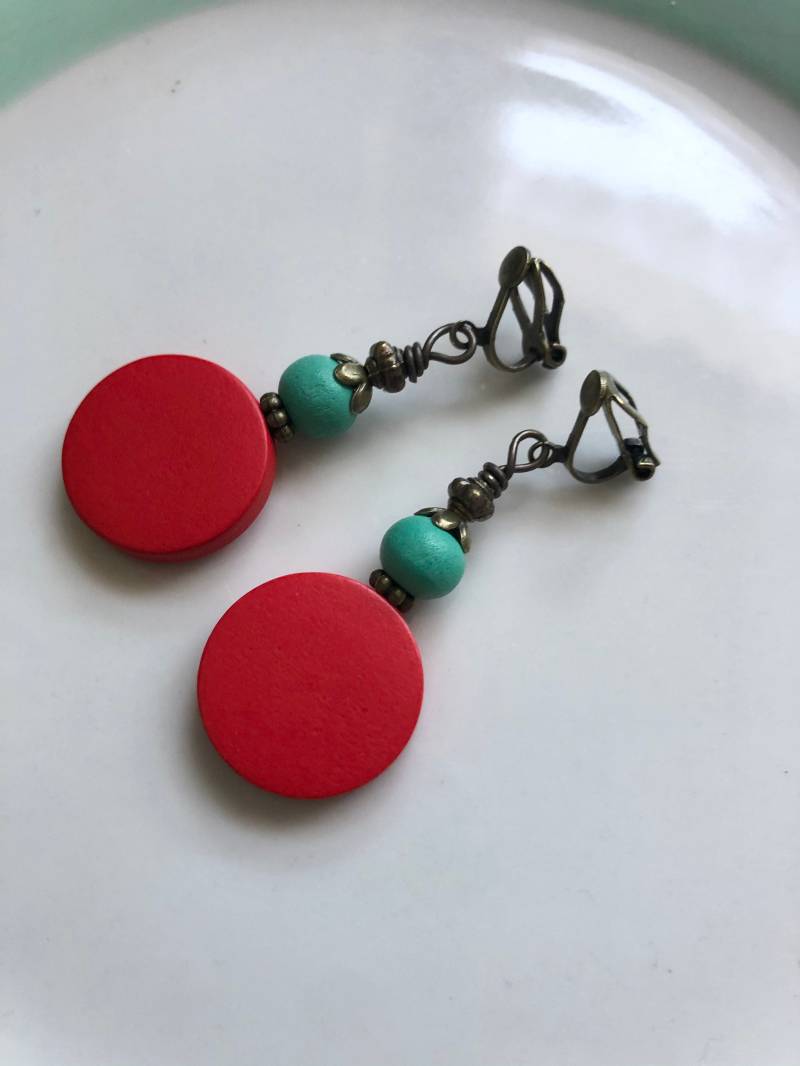 Leichte Holz Ohrclips Bronze Rot Mint von Perlenlagune
