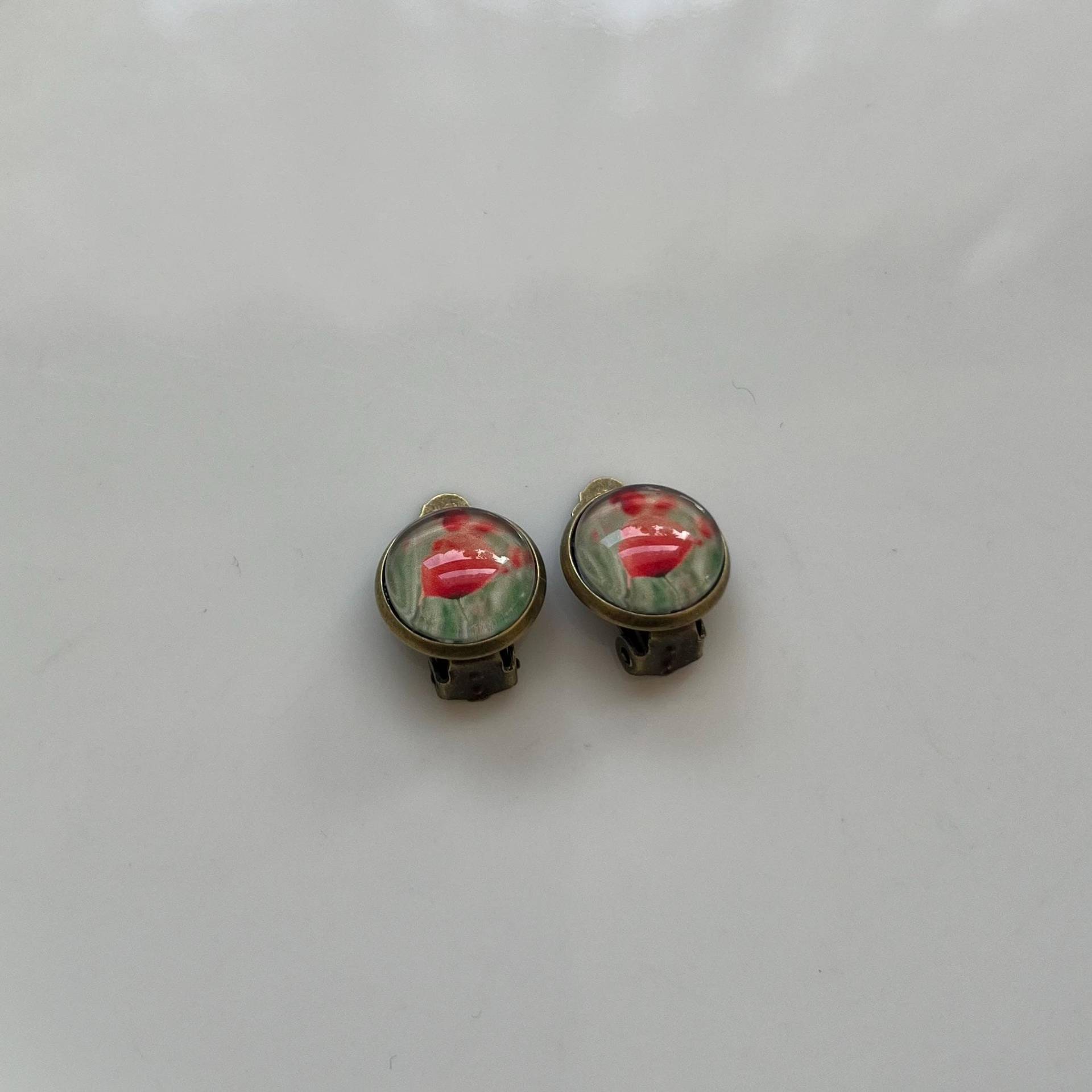 Mohnblüten Ohrclips Bronze Rot Grün von Perlenlagune