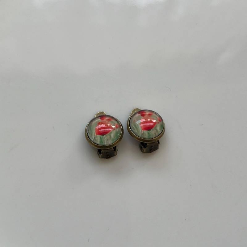 Mohnblüten Ohrclips Bronze Rot Grün von Perlenlagune