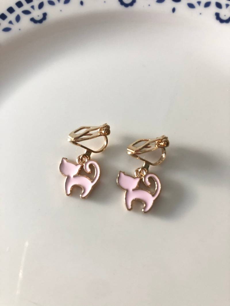 Niedliche Katzen Ohrclips Champagnegold Rosa von Perlenlagune