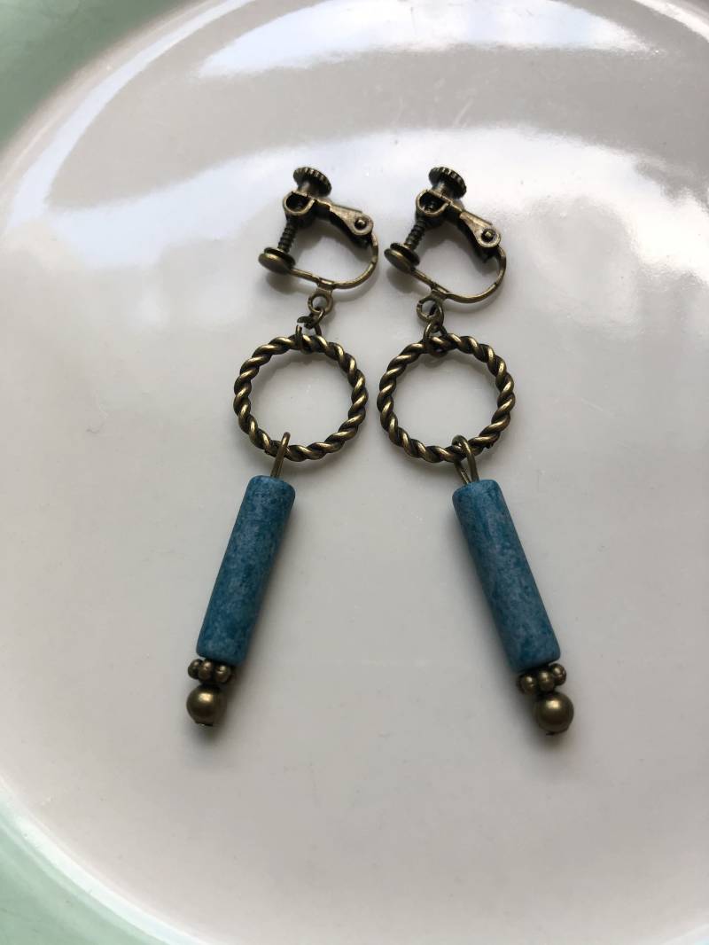 Originelle Keramik Ohrclips Bronze Türkis von Perlenlagune