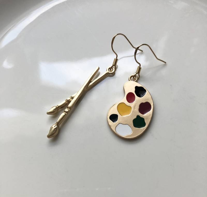 Palette Und Pinsel Kunstpalette Ohrringe Bunt Gold von Perlenlagune