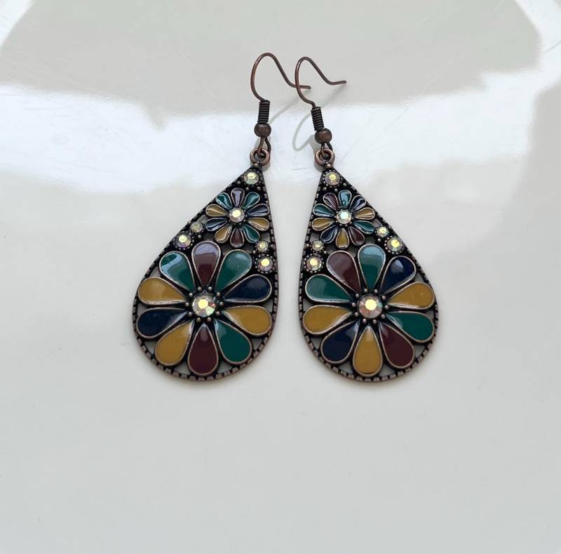 Reserviert 1 Stück Floraltropfen Ohrringe Kupfer Bunt von Perlenlagune