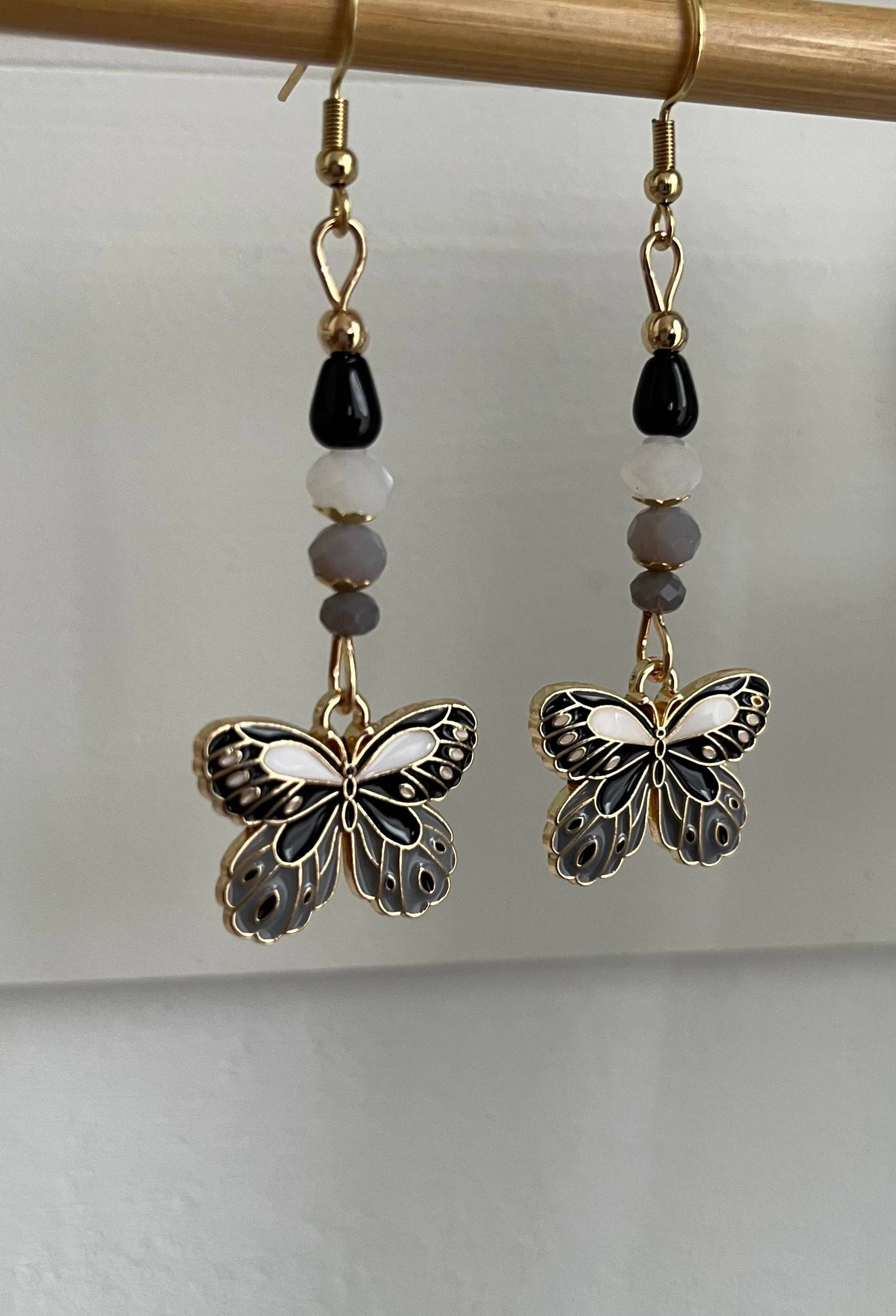 Schmetterlinge Ohrringe Schwarz Grau Weiß Champagnegold von Perlenlagune