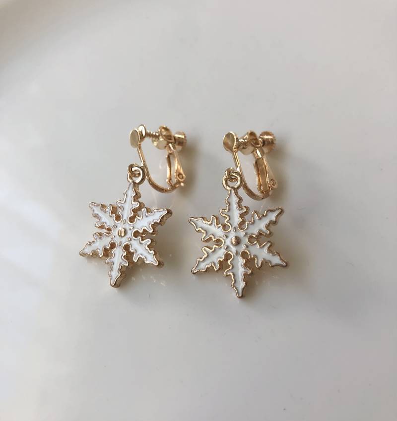 Schneeflocken Ohrclips Champagnegold Weiß von Perlenlagune