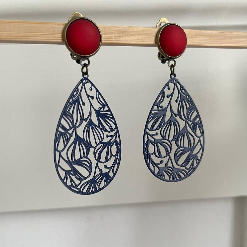 Tropfen Ohrclips Bronze Dunkelblau Rot von Perlenlagune