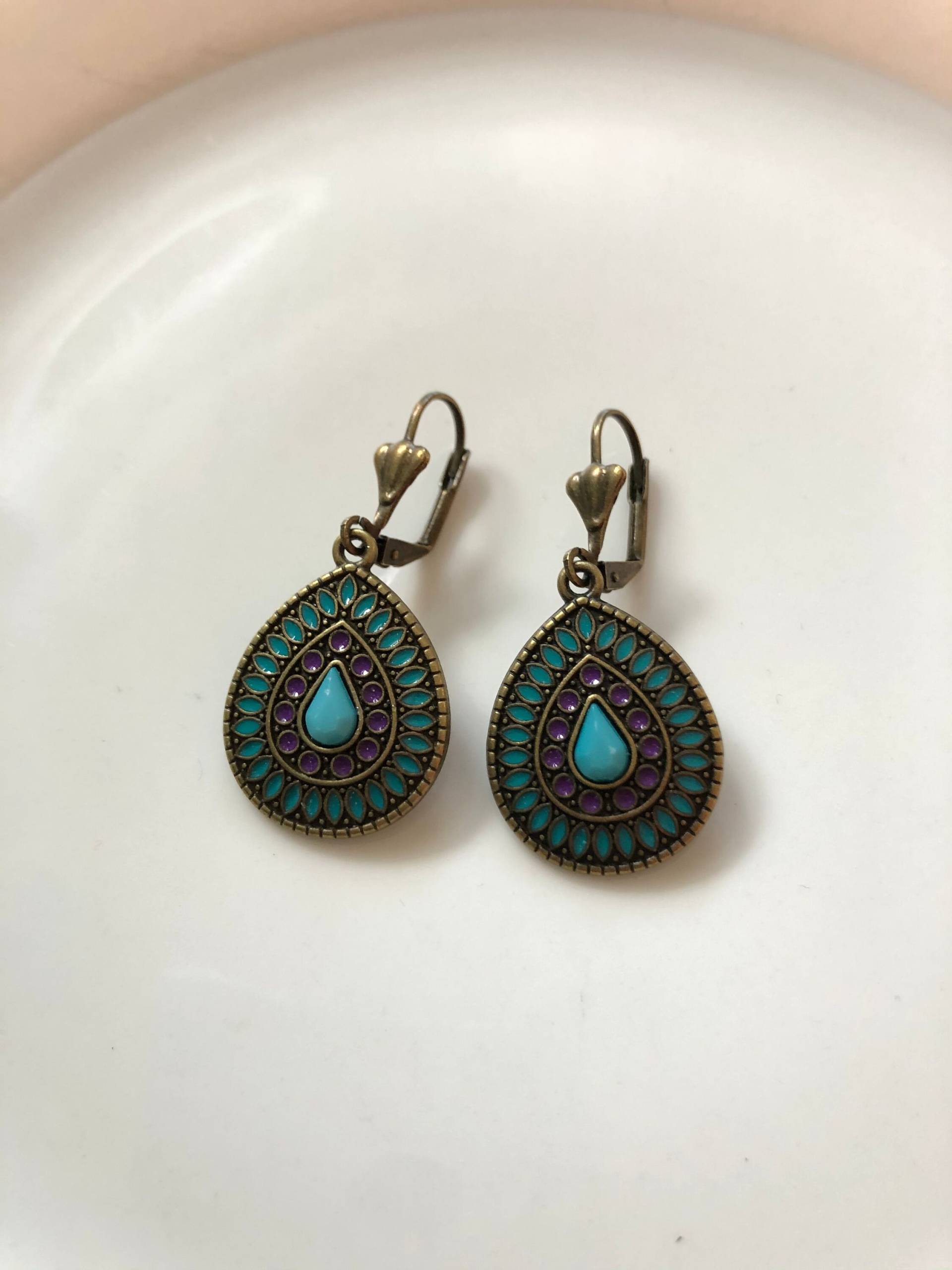 Tropfen Ohrringe Lila Türkis Bronze von Perlenlagune