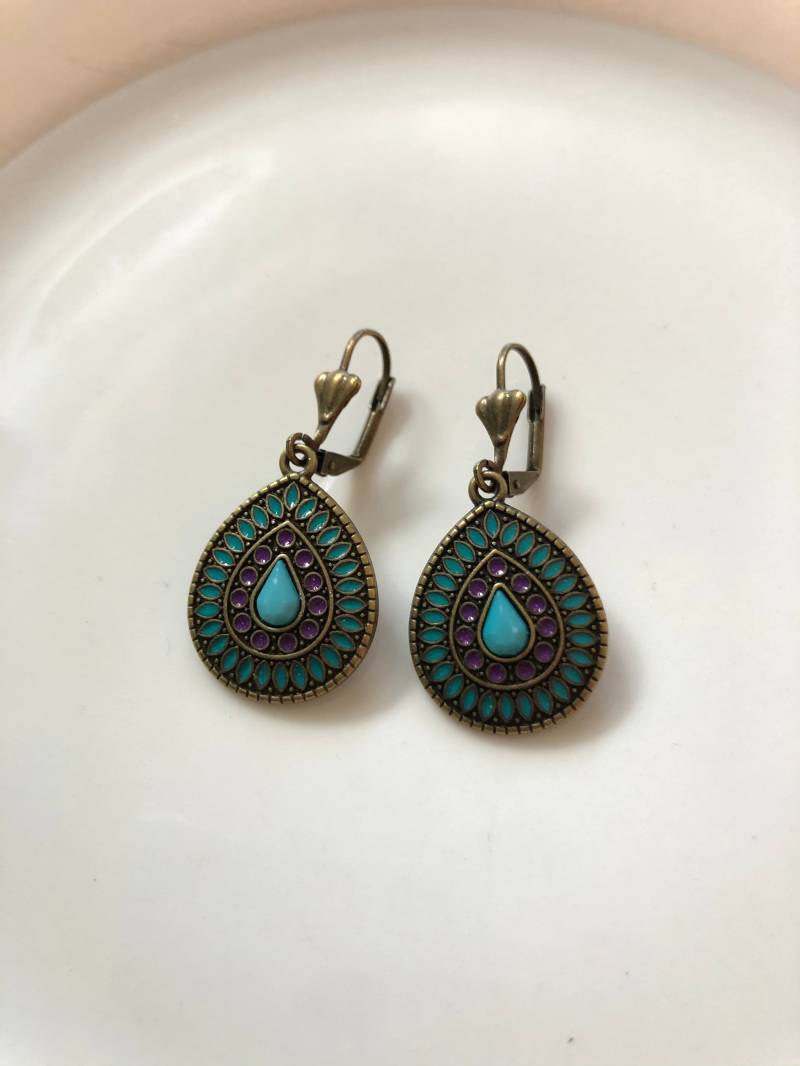 Tropfen Ohrringe Lila Türkis Bronze von Perlenlagune