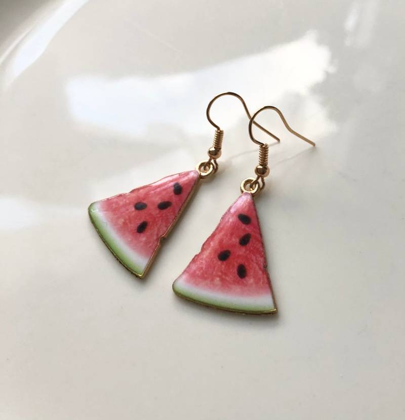 Wassermelone Ohrringe Pink Hellgold von Perlenlagune