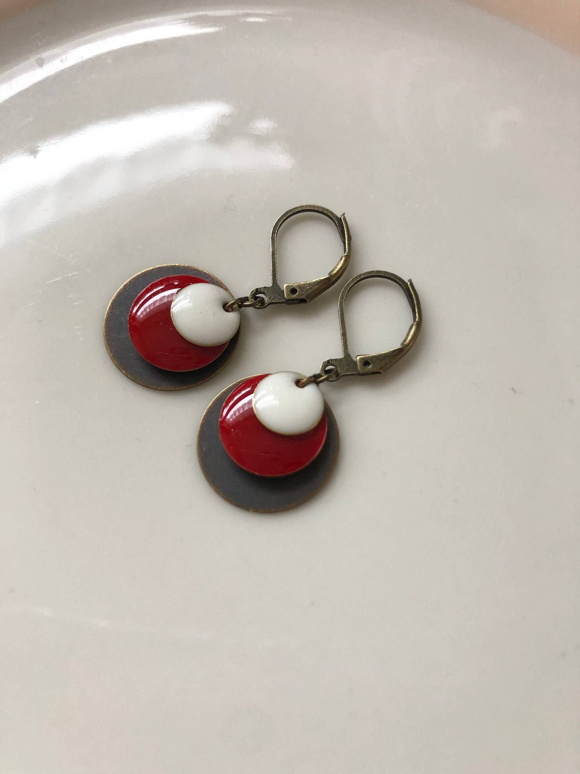 Zarte Emaille Ohrringe Bronze Rot Weiß von Perlenlagune