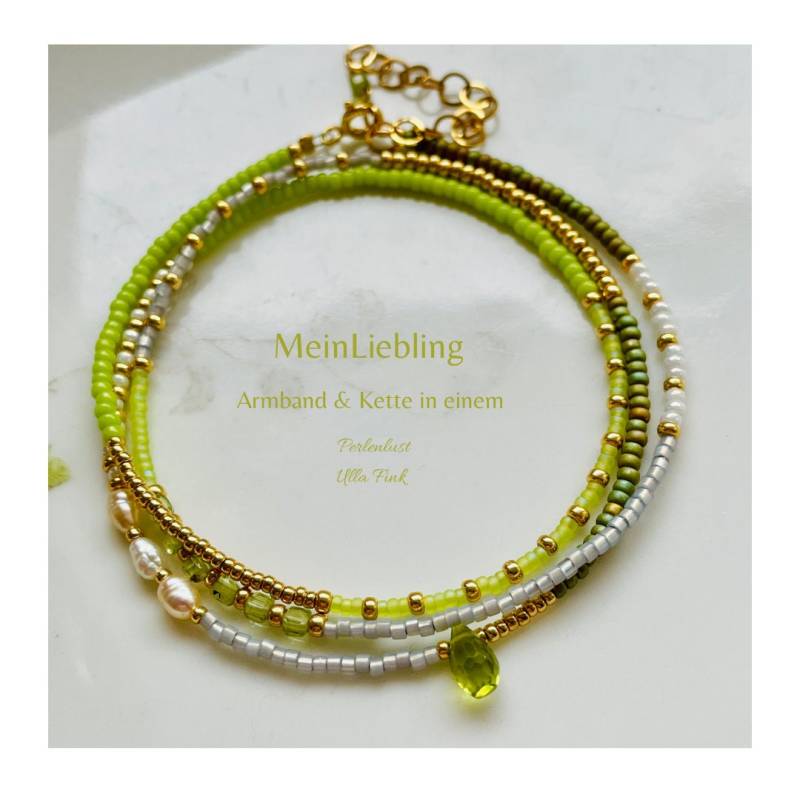 Kette Oder Als Armband Aus Perlen Mit Peridot, Mehrlagiges Perlenarmband Gold, Größenverstellbar von PerlenlustUllaFink