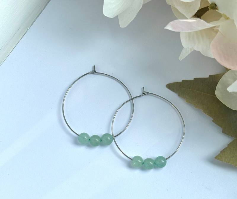 Grüne Aventurin Silber Creolen Hoop-Ohrringe Mit 40mm Aus Edelstahl Und Natürlichen Aventurinperlen, Edelstein Minimalistisch von Perlenpiepmatz