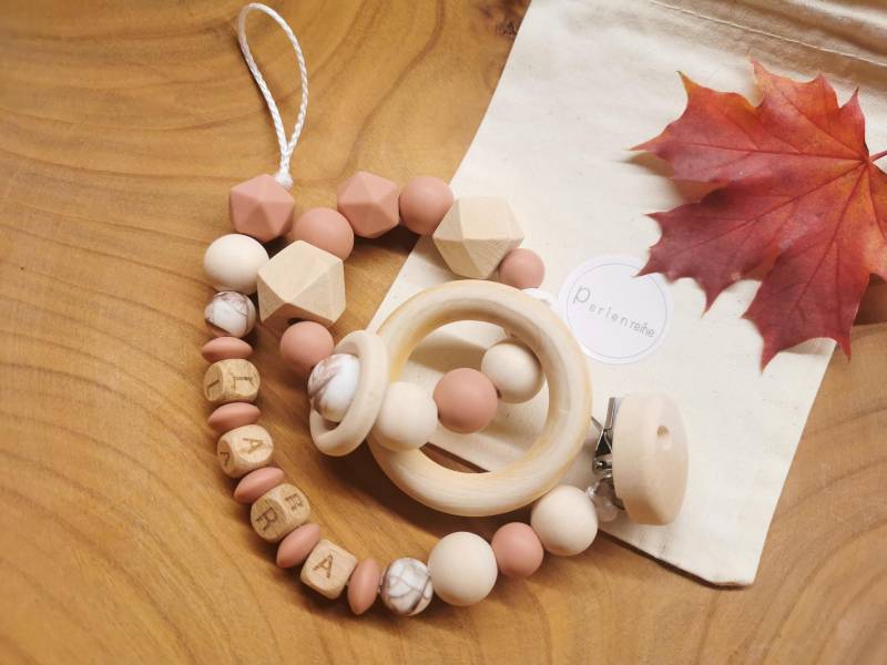 Set Schnullerkette Personalisiert Und Greifring, Geschenk Zur Geburt Oder Taufe von Perlenreihe