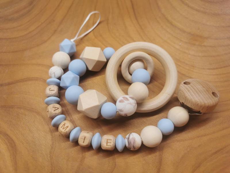 Set Schnullerkette Personalisiert Und Greifring, Geschenk Zur Geburt Oder Taufe von Perlenreihe