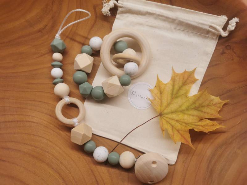 Set Schnullerkette "Ring" Und Greifring, Geschenk Zur Geburt Oder Taufe von Perlenreihe