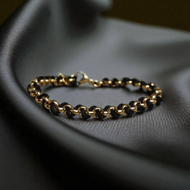 Frauenarmband Gold/Schwarz Edelstahl Steelcord - | Damengeschenk Handgefertigtes Armband Gold| Modern, Elegant, Geschenk Für Männer von Perlensee2024